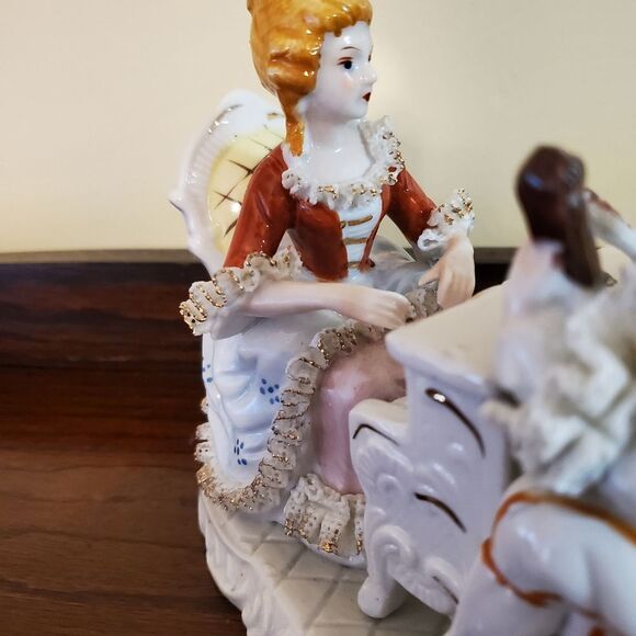 Vtg Dresden Porcelain Lace Figurine Victorian Couple Playing Violin and Piano - Picture 3 of 10